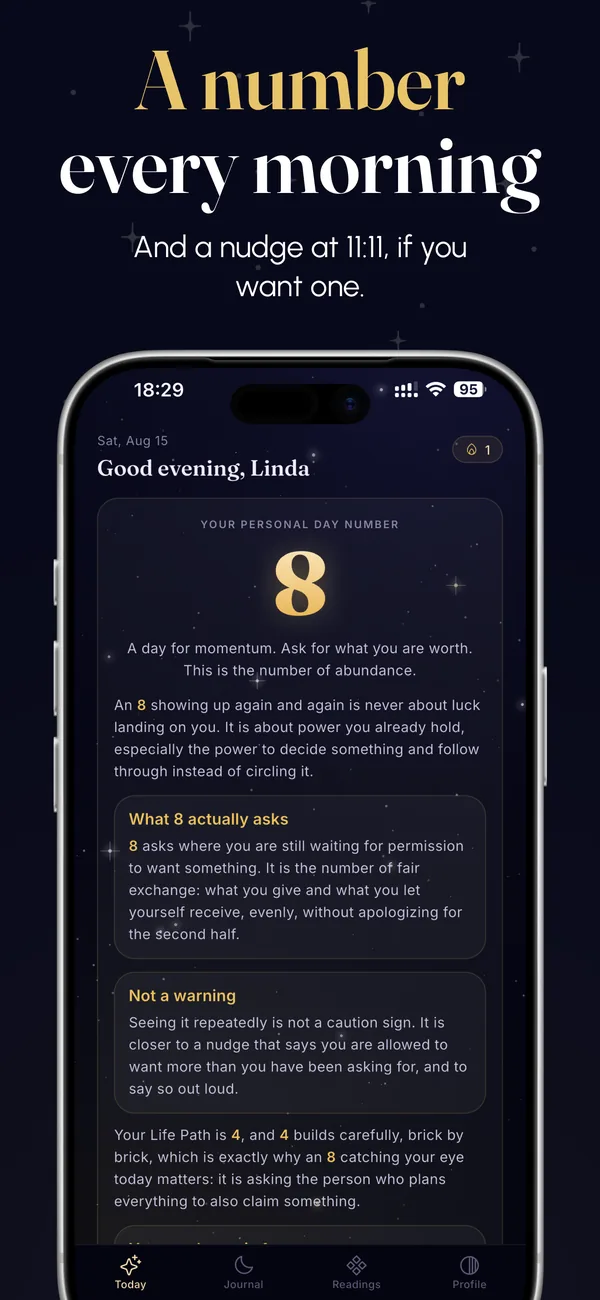 The Today screen: a Personal Day number 8 with its reading